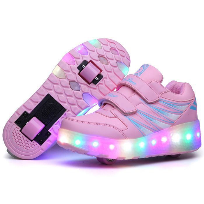 FINDPITAYA Enfant Chaussures avec roulettes LED Lumineux Baskets avec USB Rechargeable Fille Rose