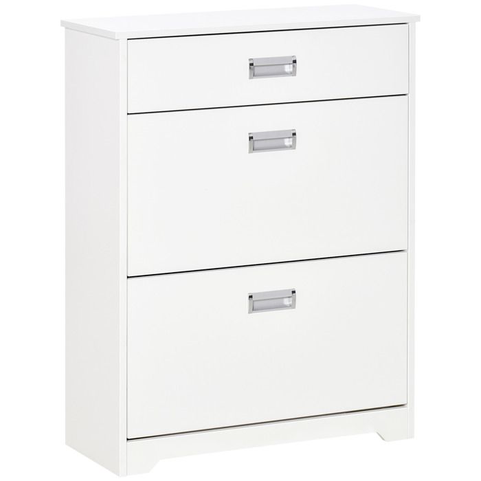 Meuble à chaussures HOMCOM avec 2 tiroirs rabattables étagère réglable + 1 tiroir jusquà 16 paires 70L x 29l x 92H Blanc Meuble à chaussures HOMCOM avec 2 tiroirs rabattables étagère réglable + 1 tiroir jusquà 16 paires 70L x 29l x 92H Blanc