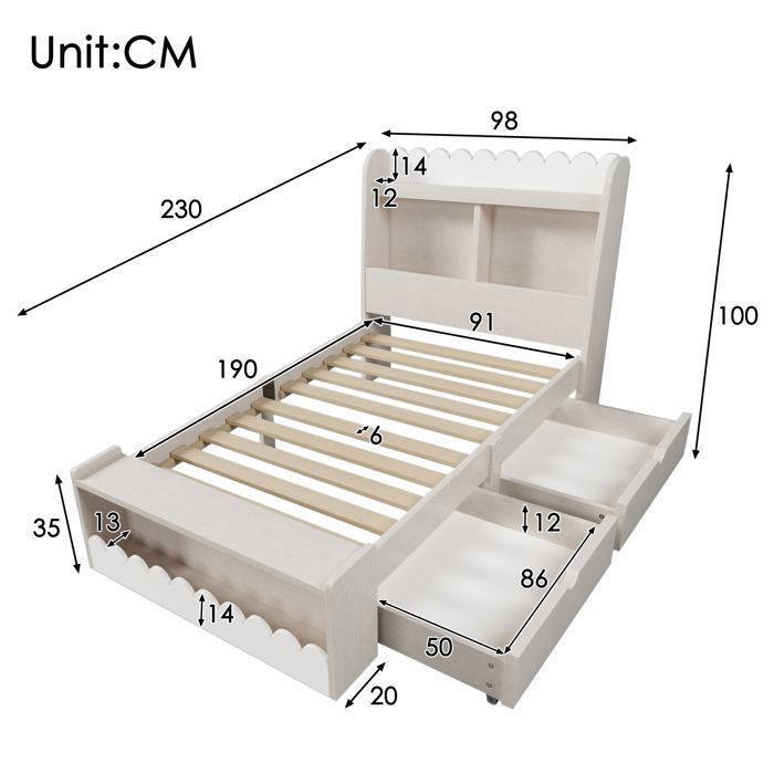 Lit simple 90x190 cm avec tiroirs étagère rangement et banclit enfant cadre de lit avec sommier à lattesblanc