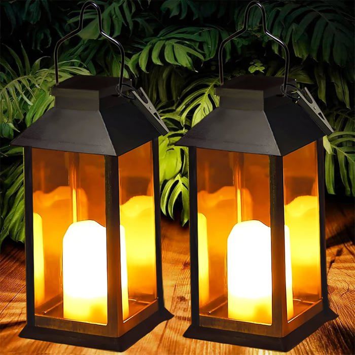 Lanterne Solaire Extérieur Effet Bougie - 15cm Hauteur - IP44 Étanche - Noire Mat