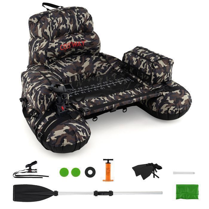FANTASK Bellyboat Bateau Gonflable De Pêche – Camouflage – 135x109x54 Cm – Charge 150 Kg – Avec Pompe, Pagaie Aluminium, Supports Canne