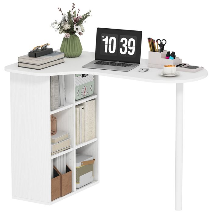 Bureau - HOMCOM - irrégulier - 100 x 59 cm - avec 6 compartiments 4 étagères réglables et cadre en acier - blanc