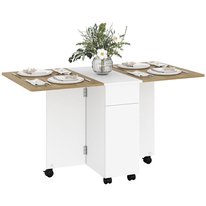 Table à manger pliable - HOMCOM - 6 personnes - sur roulettes - 2 tiroirs 2 placards - panneau de particules - 140x76x74cm - blanc