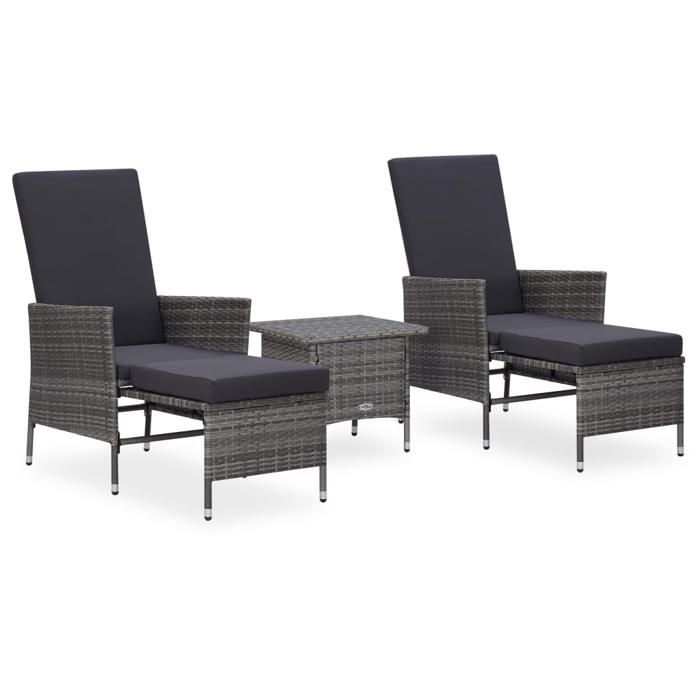 Ensemble de salon de jardin - vidaXL - 3 pièces - Résine tressée - Gris - Coussins anthracite - 63x130x102 cm fauteuil