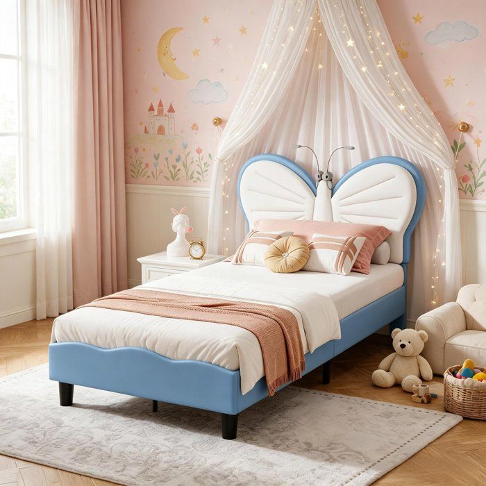Lit Rembourré 90 x 200 cm Lit enfant lit plat Lit simple Tête de Lit réglable lampe de lecture Sommier à Lattes Velours Blanc Bleu
