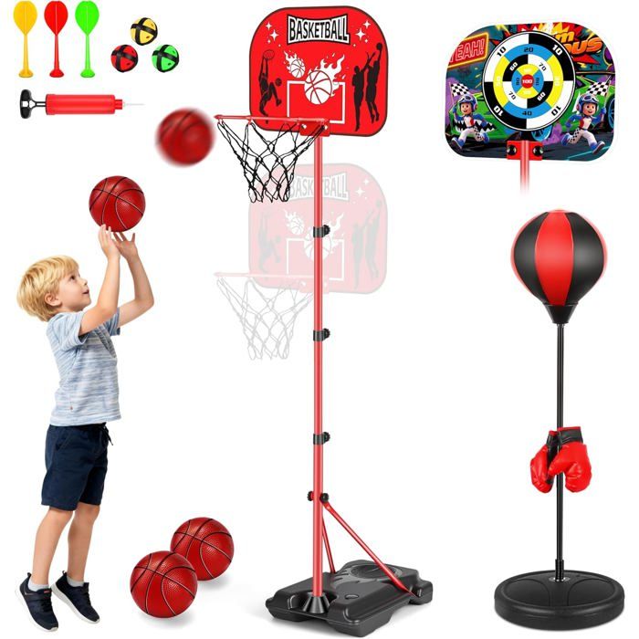 Panier Basket 3 En 1 Pour Enfant – Sac De Boxe Et Fléchettes Inclus – Hauteur Réglable Jusqu’à 149 Cm – Dès 3 Ans – Intérieur/extérieur