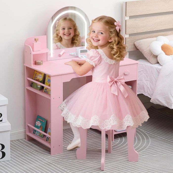 Coiffeuse pour Enfants avec Tabouret et Miroir LED-Tiroirs Table de Maquillage Enfants 3+Ans-Rose/Accessoirs