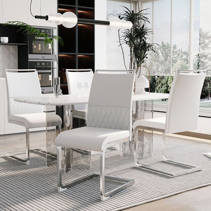 Lot de 4 chaises de salle à manger - Dossier haut - Assise rembourrée en cuir synthétique PU - Structure en métal - Blanc