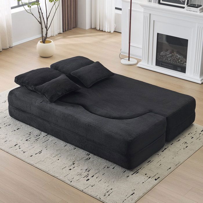 Canapé Compressé Design Réversible 2 Pl Sans montage en Peluche Noir - Canapé-lit Couple en Mousse HR Confortable avec Coussins