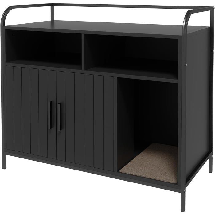 Meuble Cache Litière Chat Armoire Litière Chat Grand avec 2 Étagères de Stockage Panneau de Ventilation Anti-Odeur Noir