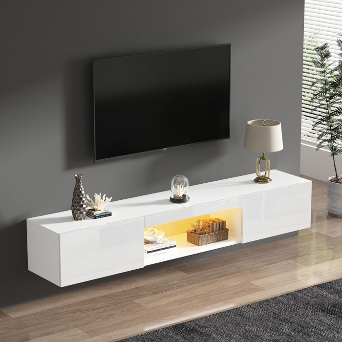 Meuble TV mural pour TV jusquà 70 avec LED Bluetooth via appli rangement panneaux particules blanc 160x31x22 cm