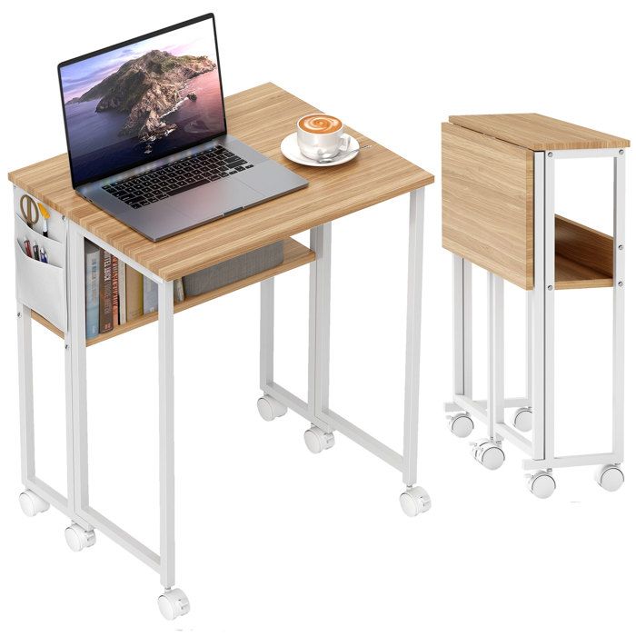 Bureau - HOMCOM - pliable - sur roulettes - 63 x 50 cm - étagère et sac de rangement - bois naturel