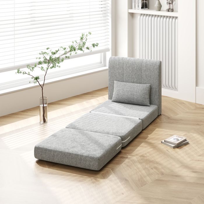 Fauteuil chauffeuse pliant 3-en-1 - AKOZON - 10207 - Gris effet lin - Matelas mousse - Convertible canapé-lit 80x203 cm