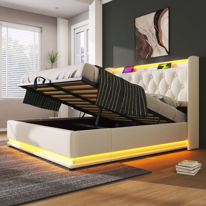 Lit double avec rangement - MERAX - Lit coffre LED avec USB et Type-C - 140x190 cm - Similicuir PU blanc - LED RGB 360° Lit double avec rangement - MERAX - Lit coffre LED avec USB et Type-C - 140x190 cm - Similicuir PU blanc - LED RGB 360°