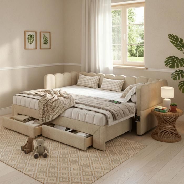 Luscriate - Lit capitonné 90x200 cm Canapé-lit extensible 180 cm 2 tiroirs USB chenille Design moderne - Beige