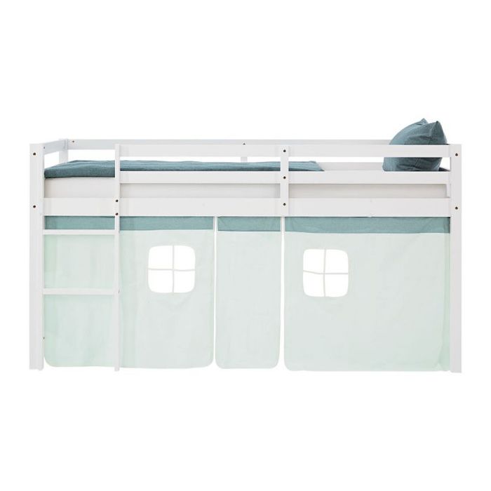 Lit mi-hauteur - HOMESTYLE4U - 2942 - 90x200 cm - Matelas & sommier inclus - Rideau vert menthe