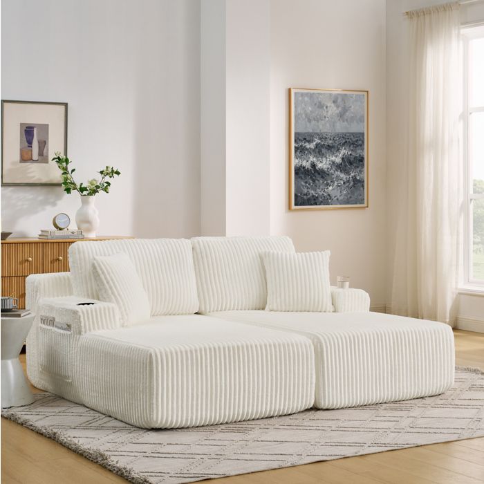 Canapé-lit 2 places en tissu côtelé beige avec porte-gobelet et poche