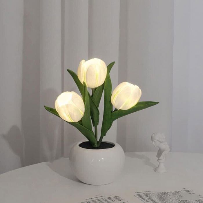 Lampe à poser LED - Unbrand - Tulipe - Vase en céramique - Intensité variable - Rechargeable sans fil