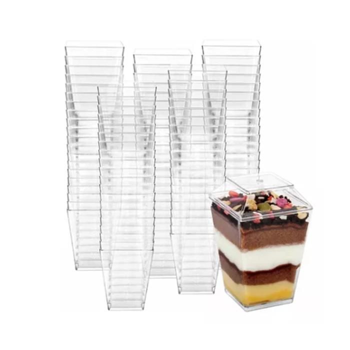 Verrines dessert avec couvercle 150-160 ml lot de 50 réutilisables transparentes forme trapèze plastique