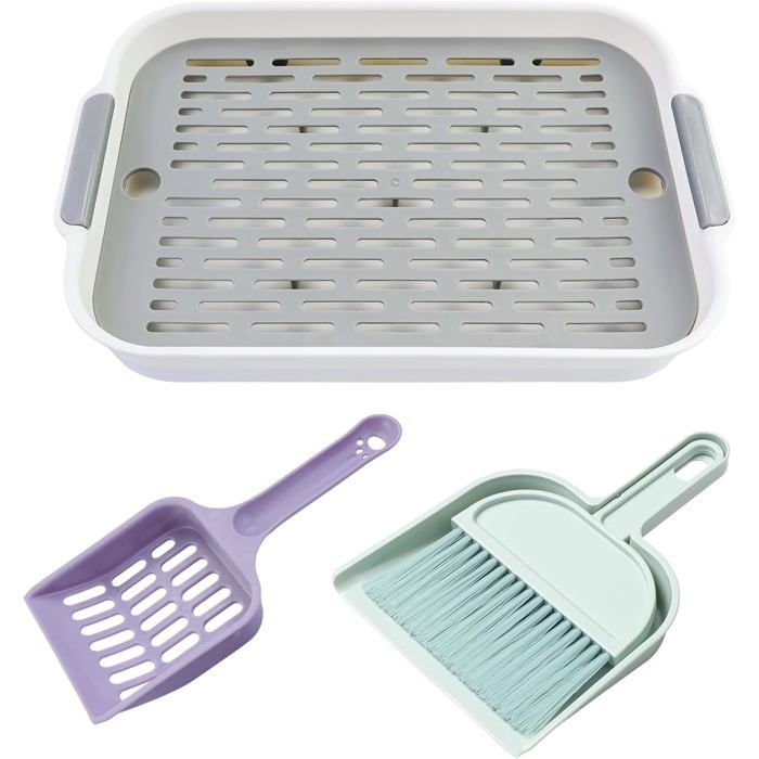 Bac à litière lapin bac à litière petits animaux bac en plastique réutilisable avec plastique petite à poussière petit balai blanc