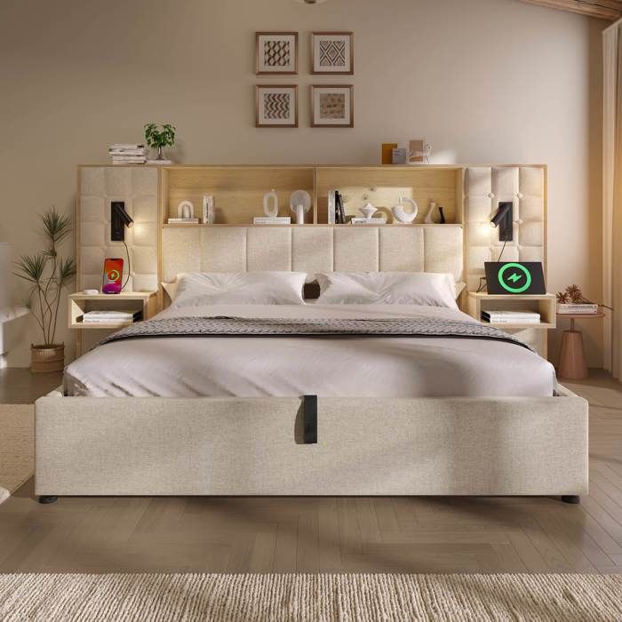 Lit coffre 160 x 200 cm avec LED 2 chevets intégrés et rangement Hydraulique Lit double avec 2 liseuses et USB Type-C Tissu Lin Gris
