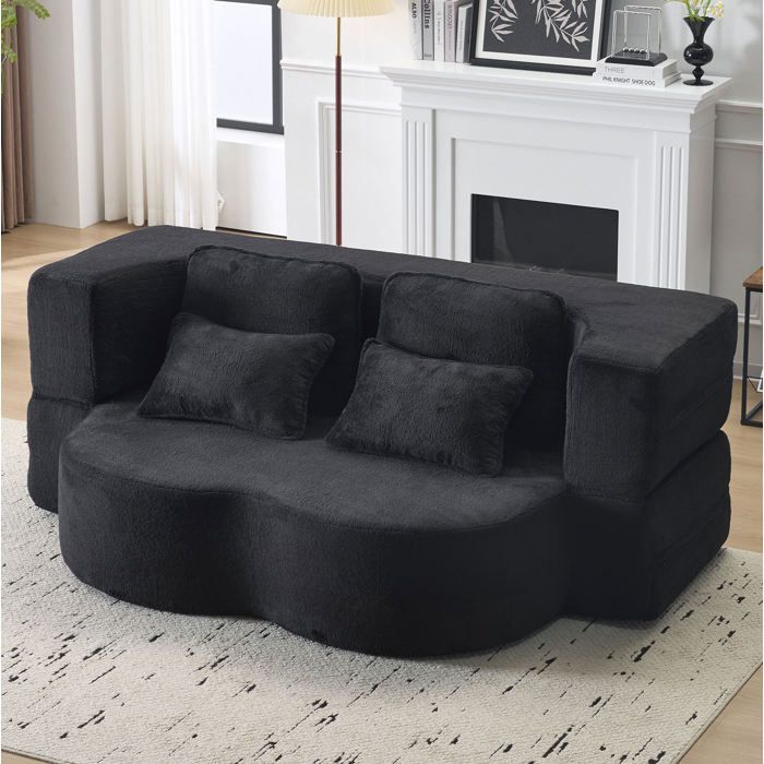 Canapé de sol convertible 2 places noir en tissu mousse haute densité avec 4 coussins sans assemblage