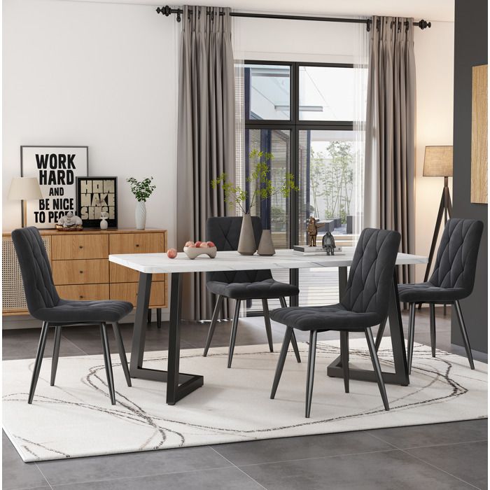 JOINERY table repas ensemble 4 chaises rectangulaire 117 x 68 cm effet marbre MDF velours gris pieds métalliques noirs modernes
