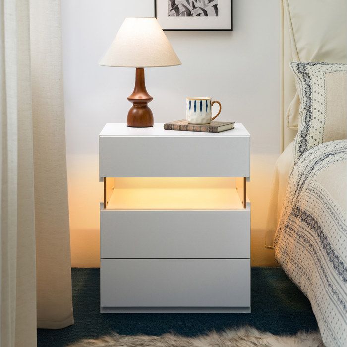 Table de chevet LED AESVAR 3 tiroirs blanc avec panneau acrylique meuble de chambre moderne