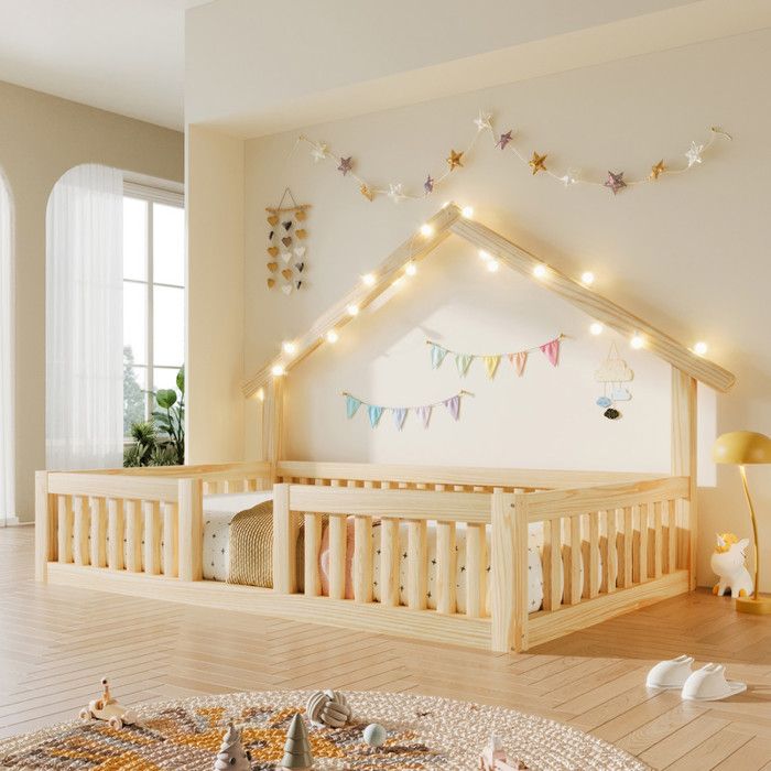 Comfyu - Lit denfant 90 x 200 cm lit simple en forme de maison éclairage LED lit sur pied avec barrières de sécurité - Bois