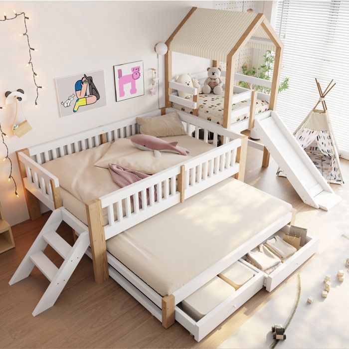 MEUBLIV Lit combiné enfant maison avec toboggan lit gigogne tiroirs et échelle bois massif blanc et naturel