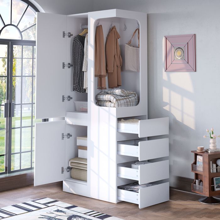 Armoire rangement intégré avec tiroirs format compact en MDF et bois composite habillage ouvert porte unique coloris blanc