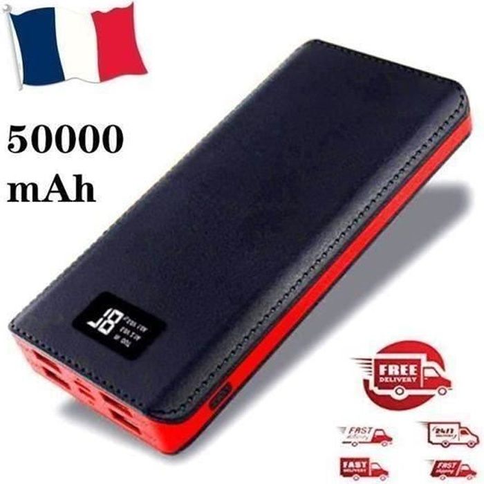 MINGJIA 50000mAh Batterie externe Écran LCD Alimentation de secours 4USB pour tous les téléphones mobiles (Noir + Rouge)