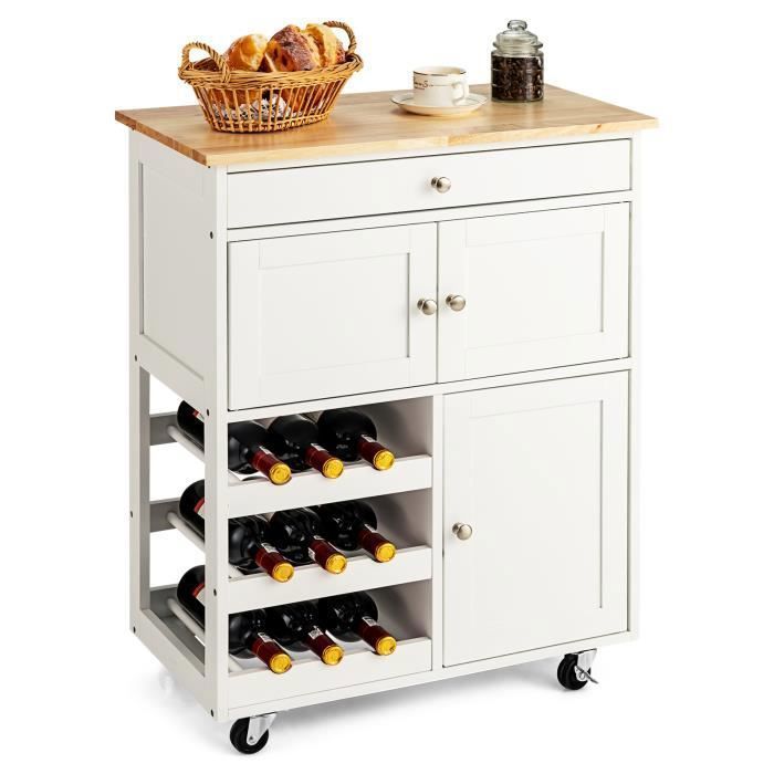 COSTWAY Desserte Cuisine à Roulettes avec Plateau en Bois dHévéa Chariot de Cuisine à Service avec Tiroir et Porte-Bouteilles