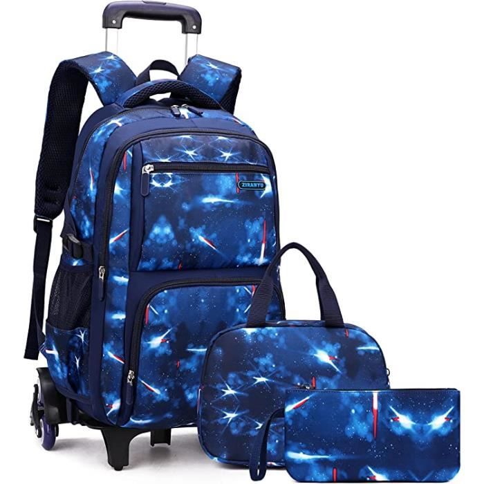 3 in 1 Cartable Roulettes Garçon, Sac Roulette Enfant Cartable avec Sac Isotherme Repas Boîte à Lunch Trousse Scolaire-Bleu