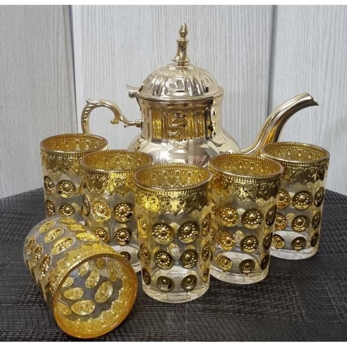 Service à Thé Marocain/turc – Plateau, 6 Verres, Cuillères, Coupelles – Laiton/verre