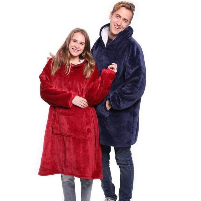 weanrable Robe couvertures Polaire en peluche à manches TV plaids Super Doux chaud confortable Grande Sweat à capuche robes rouge