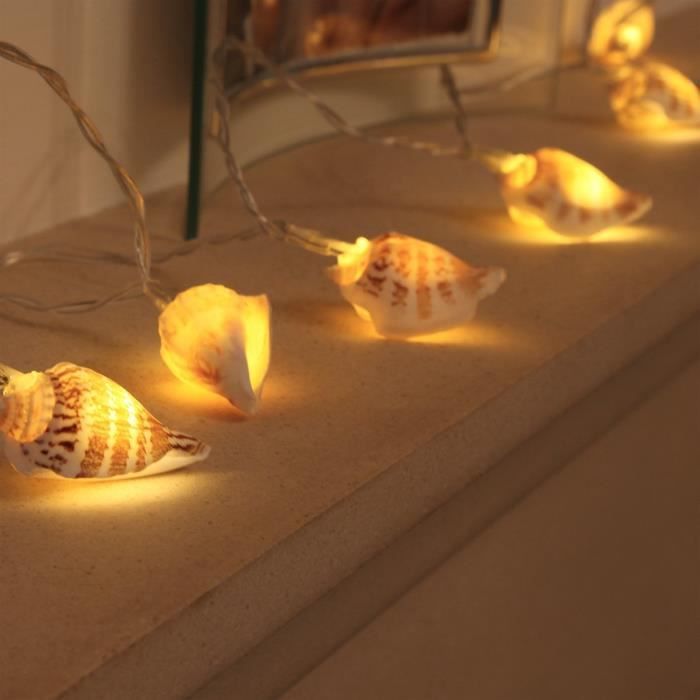 Guirlande Lumineuse 10 Vrais Coquillages Éclairage Blanc Chaud à LED 1,50 Mètre à Piles 