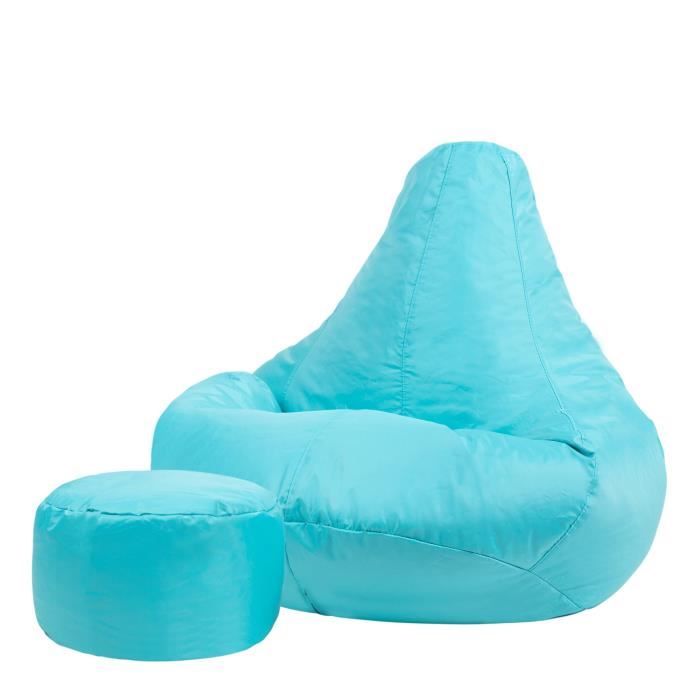 pouf fauteuil recliner et repose-pieds - veeva - textile tissé - résistant à l’eau - bleu turquoise