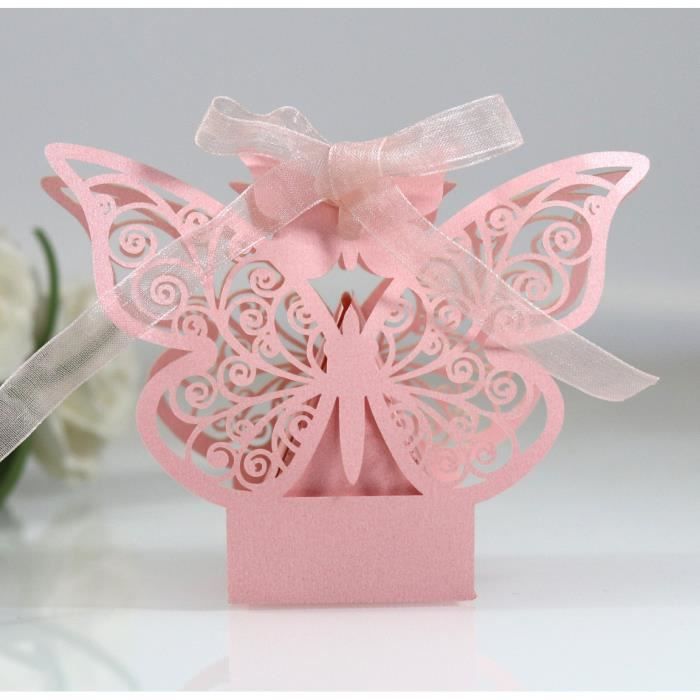 50pcs Boîtes à Dragées Cadeau Boite de bonbons Emballage papillon Papier perlé avec Rubans nuptiaux pour Mariage - Rose