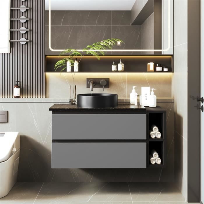 meuble sous-lavabo, lavabo 80cm en céramique,  meuble de salle de bain vasque 2 étagères, noir et gris