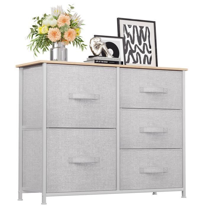 Commode 5 Tiroirs En Tissu - 58x29x100 Cm - Meuble Rangement Chambre Ou Salon - Gris Clair - Montage Facile