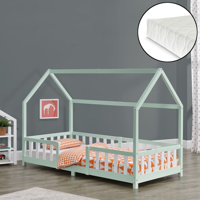 Lit d'enfant Forme Maison Sisimiut avec Matelas &agrave; Mousse &agrave; Froid 200 x 90 cm Menthe Blanc [en.casa]