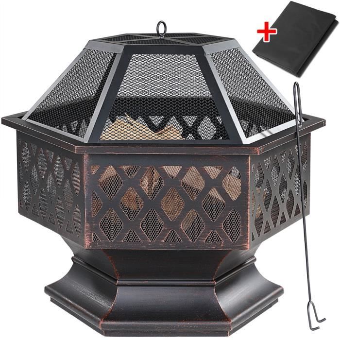 Brasero de jardin en acier rond 70x605x625cm noir-bronze pour barbecue et feu de bois extérieur