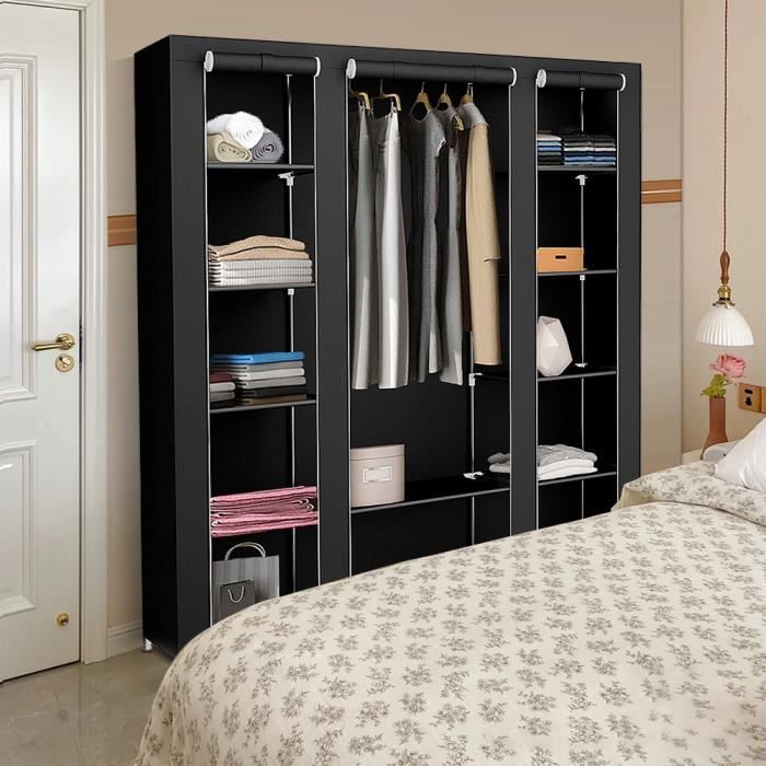 YIPEEMA. ARMOIRE DE RANGEMENT 3 PORTES PENDERIE MULTIFONCTIONNEL POUR CHAMBRE ADULTE ENFANT - NOIR 150 X 45 X 175 CM.