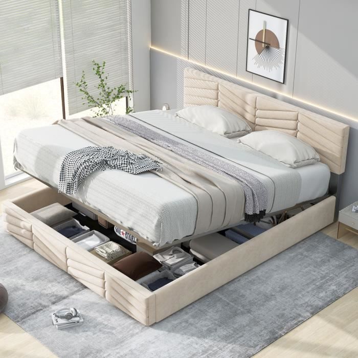 Lit Coffre Double ALBA 160x200 Cm Velours Beige Avec Tête De Lit Capitonnée - IDMarket, Rangement Intégré