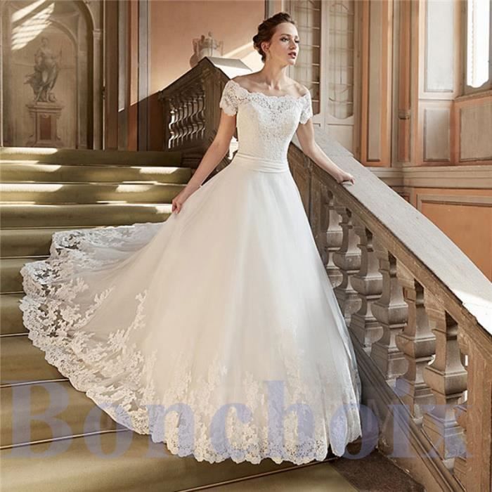 Robe De Mariee Mariage Femme Dentelle Manches Courtes Maxi Blanc