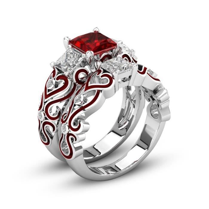 2 En 1 Femmes Rouge Diamant Argent Fiancailles Alliance Bague De
