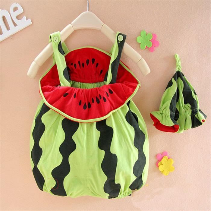 3 18 Mois Bebe D Ete Coton Barboteuse De Dessin Anime Pasteque Mignonne Combinaison Chapeaux Pasteque Cdiscount Pret A Porter