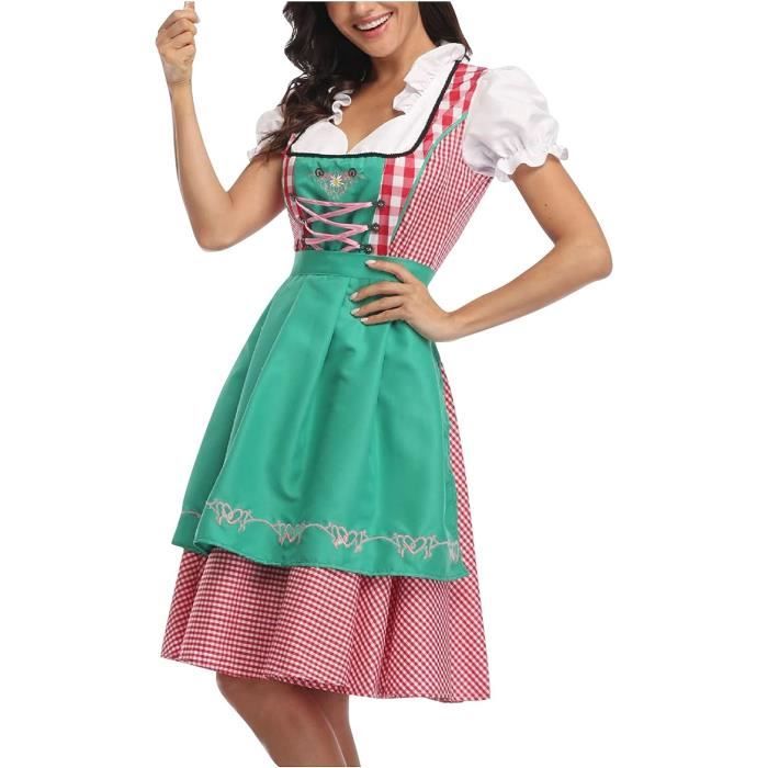 Robe Dirndl Traditionnelle Pour Femme - Costume Fête De La Bière Bavaroise - Coton Et Dentelle