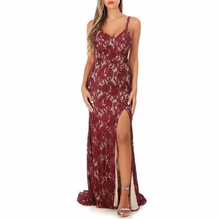 Robe Longue De Soiree Bordeaux En Dentelle Et Fendue Rouge Cdiscount Pret A Porter